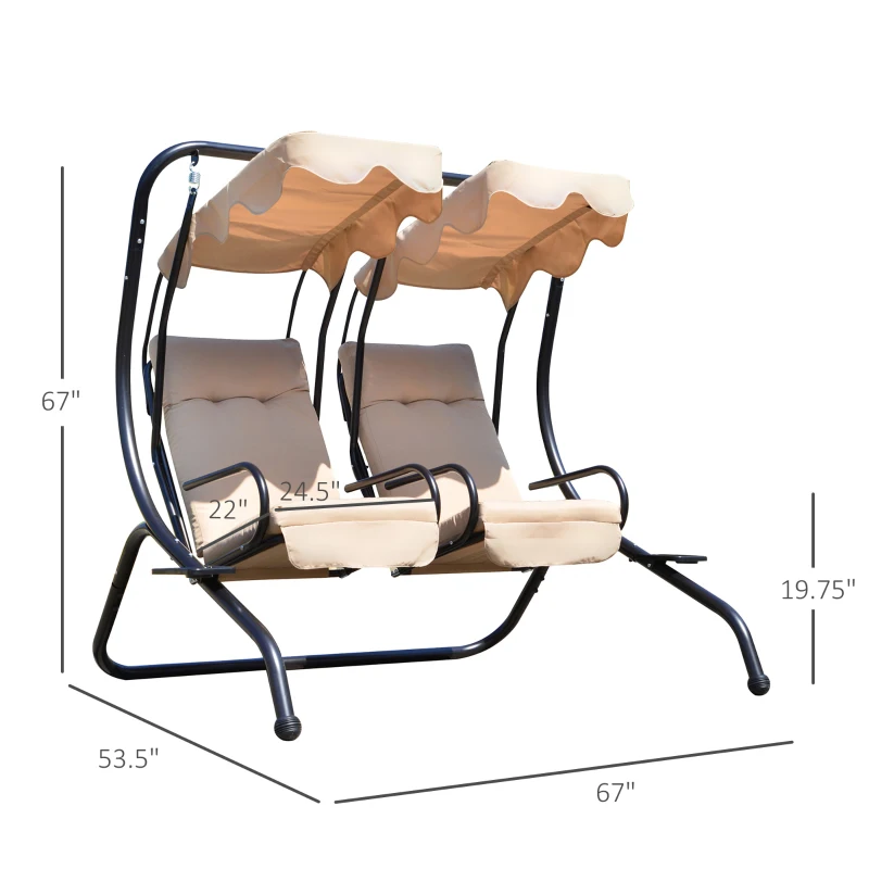 Outsunny Luxury Porch Swing Metal Outdoor Swing Chair 2 Separated Seater Hammock Heavy-Duty with Canopy and Cushions, Beige