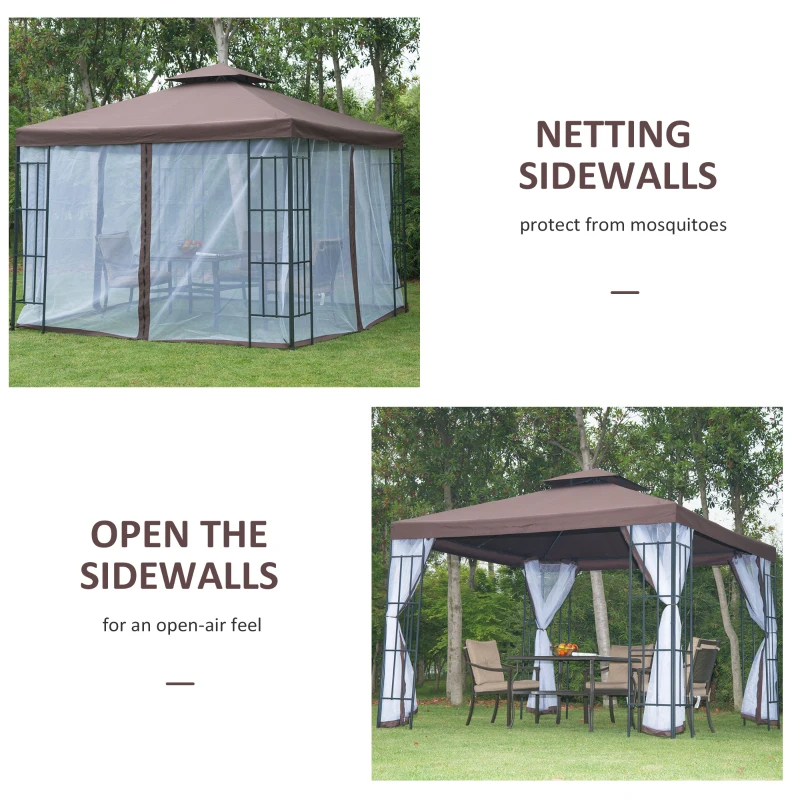 Outsunny 10' x 10' Outdoor Gazebo, Double Roof Outdoor Gazebo Canopy Shelter with Mesh Netting, Steel Corner Frame for Patio, Backyards and Parties, Coffee