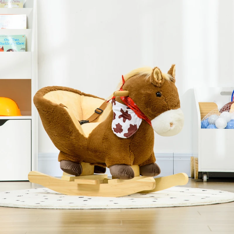 Qaba Baby Rocking Horse, Riding Horse, Plush Animal Rocker with Realistic Sound, Pedals for Ages 18-36 Months, Brown