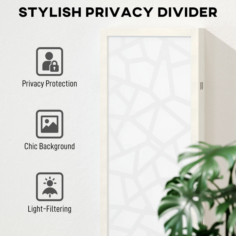 HOMCOM 4 Panel Room Divider, 5.6 FT Lightweight Folding Privacy Screen with Geometric Pattern for Living Room, Bedroom, White