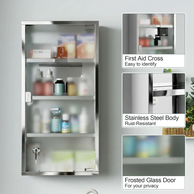 HOMCOM Wall Mount Medicine Cabinet, Bathroom Cabinet with 3 Tier Shelves, Stainless Steel Frame and Glass Door, Lockable with 2 Keys, Silver, 12" x 23.5"