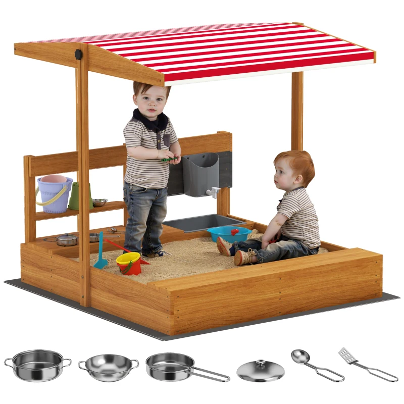 Outsunny Kids Sandbox with Cover Kitchen Playset Toys, Wooden Sand Box with Seat, Storage, for 3-7 Years Old, Red