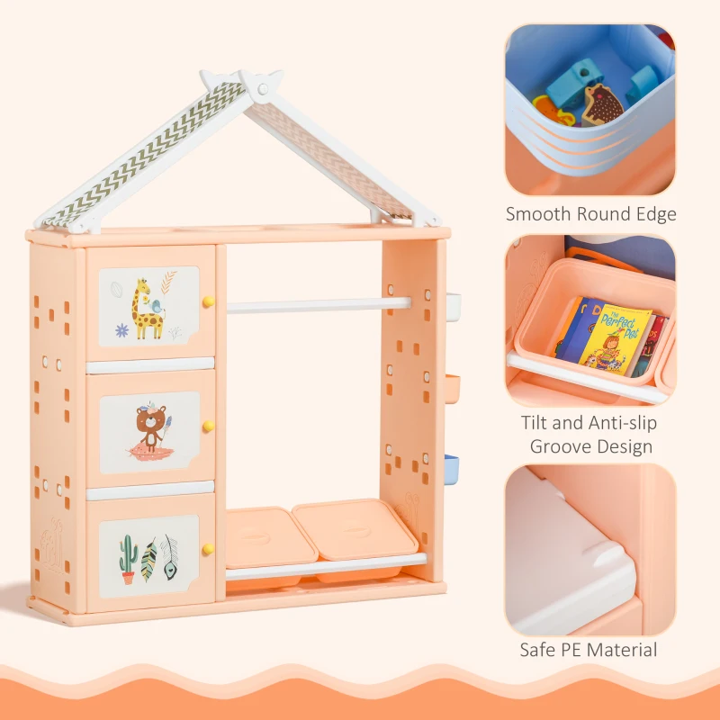 Qaba Kids Dress Up Storage, Multifunctional Kids Wardrobe Closet Hanging Rack Built for Kids Bedroom Storage, Featuring Bins, Cabinets, Top Shelf, and Drop-In Shelves, Orange