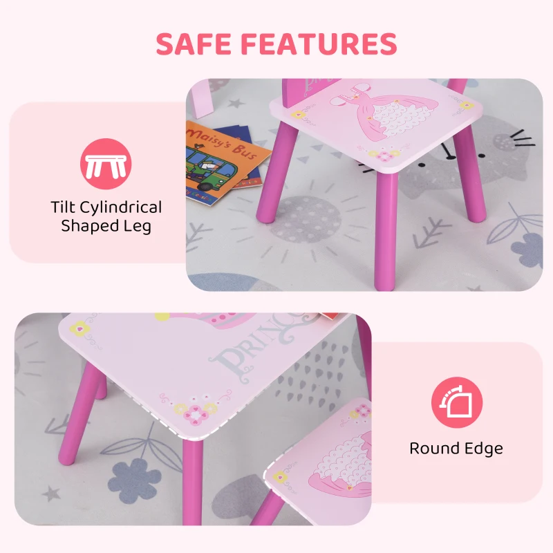 Qaba 3-Piece Set Kids Wooden Table Chair with Crown Pattern Easy to Clean Gift for Girls Toddlers Age 2-4 Years Old Pink