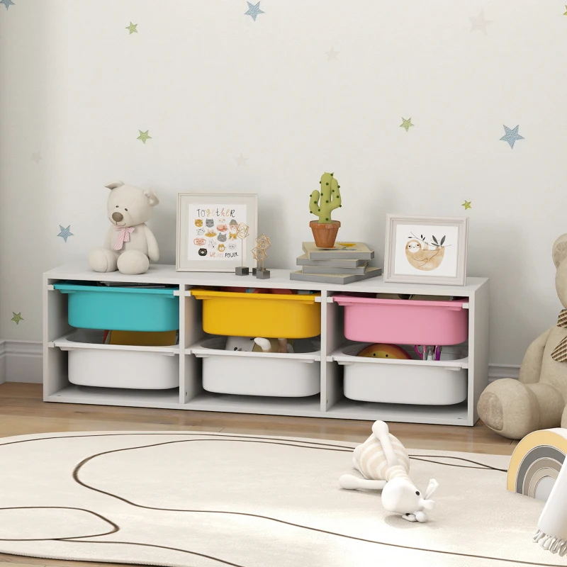 Qaba Kids Toy Storage Organizer with 6 Removable Plastic Bins for Toddlers, Toy Box for Bedroom, Nursery, Playroom