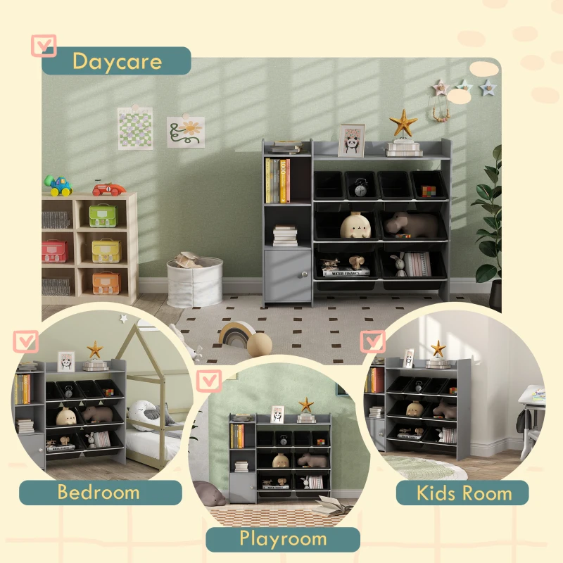 Qaba Toy Storage Organizer with 8 Bins, 2 Storage Cubbies, Shelf, Drawer, Gray