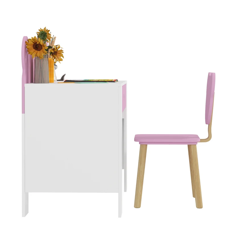 Qaba Kids Desk and Chair Set with Drawer for Drawing, Reading, Bear Theme Children Furniture for Bedroom, Daycare, Pink