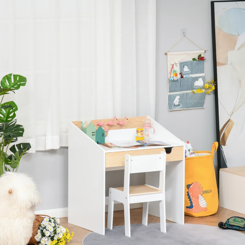 Qaba 2 Pieces Kids Desk and Chair Set with Storage Pull-Out Drawer for 6-10 Years, Writing, Reading, Drawing