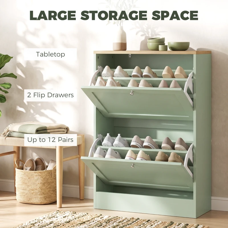 HOMCOM Slim Shoe Storage Cabinet, Modern Shoe Cabinet with 2 Flip Drawers and Adjustable Shelves for 8-12 Pairs, Green
