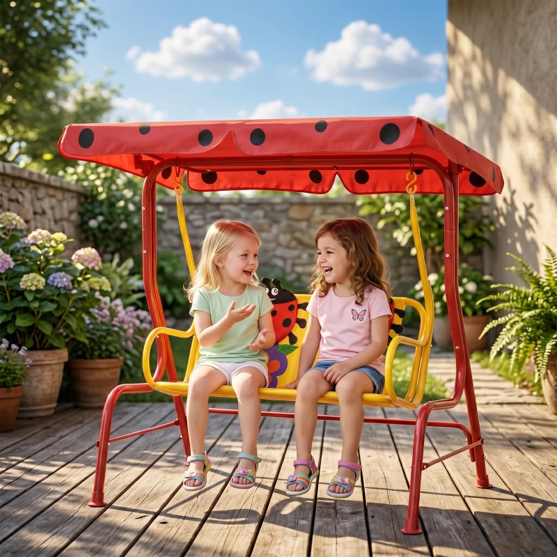 Outsunny Kids Patio Swing, Adjustable Canopy Swing Glider, Kids Outdoor Swing Chair with 2 Seats, Seat-Belted Safety, Red