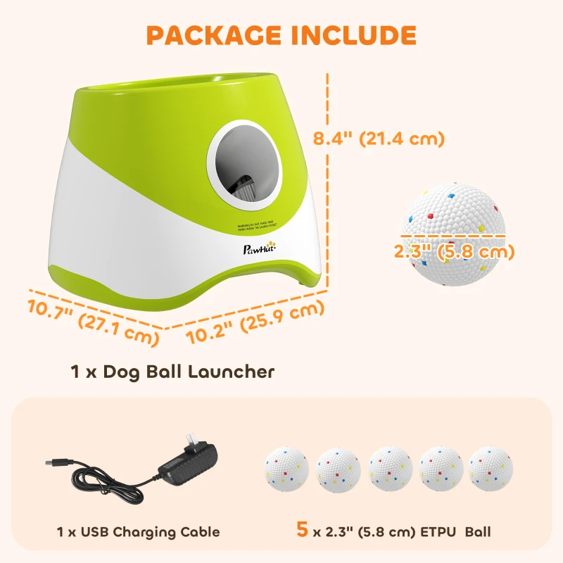 PawHut Automatic Dog Ball Launcher with 5 ETPU Balls 2.3", 3 Distance Settings 20ft, 33ft, 46ft, Green
