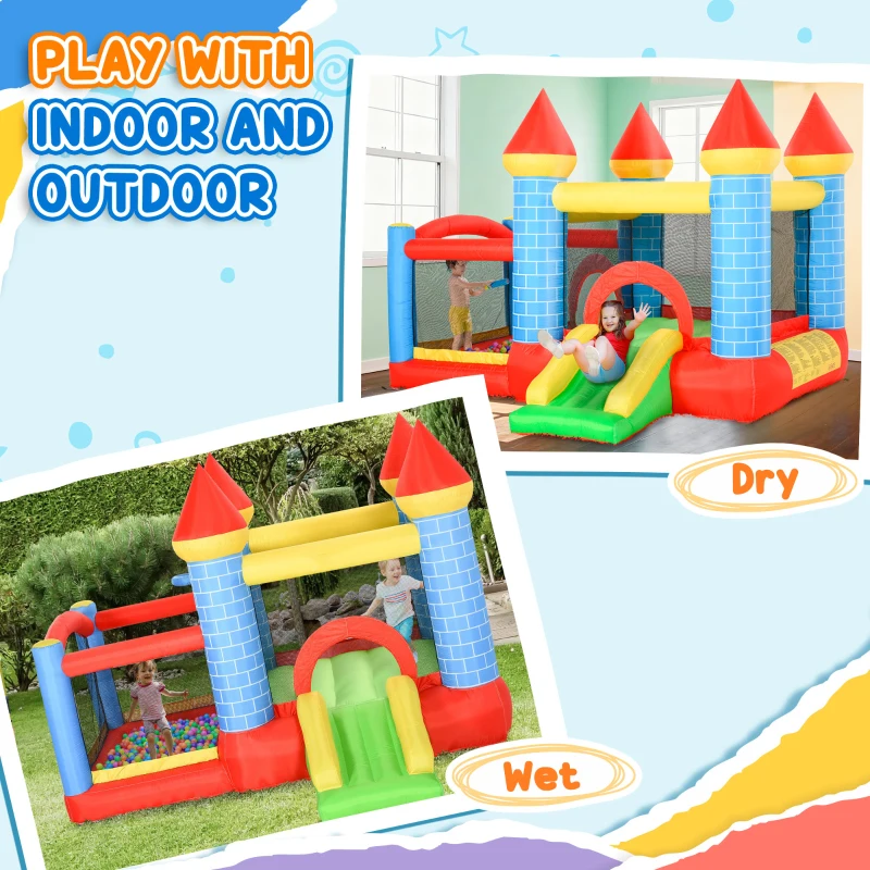 Qaba 9.2 x 9.5FT Bounce House, 4 in 1 Inflatable Bouncy Castle for Kids With Trampoline, Slide, Water Pool, Basket, Blower