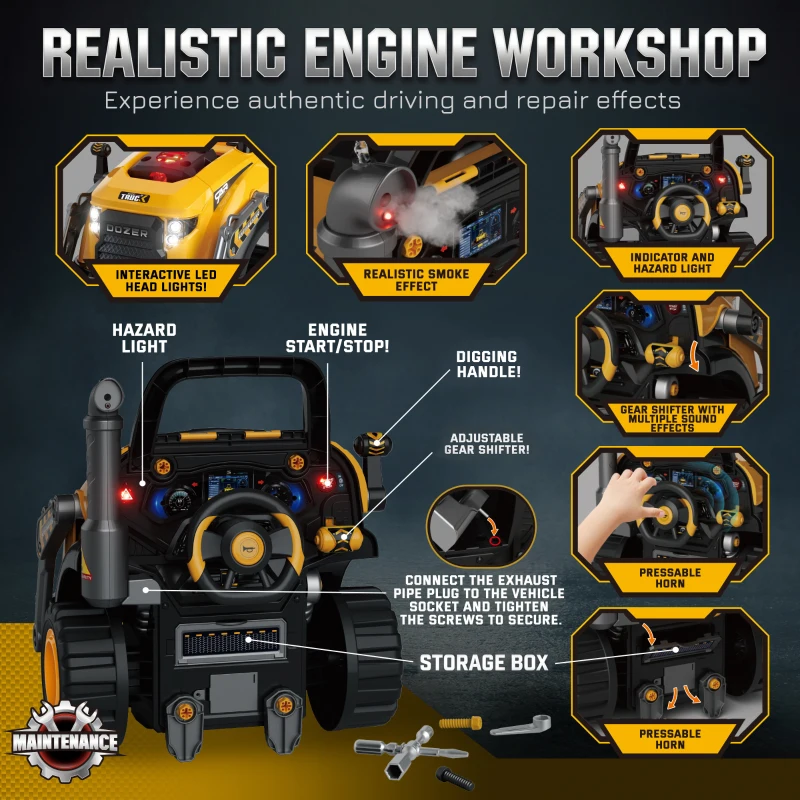 Qaba Truck Engine Toy, Kids Mechanic Repair Set with Spray, Lights, Sounds, Educational Excavator Gifts for 3-6 Years