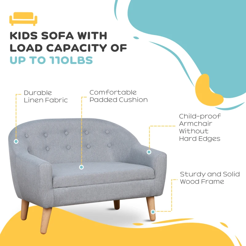 Qaba 2-Seat Kids Sofa, Toddler Sofa Couch, Linen-Like Fabric & Wood Frame Sofa Chair for Ages 3-7, 11" High Seat, Gray