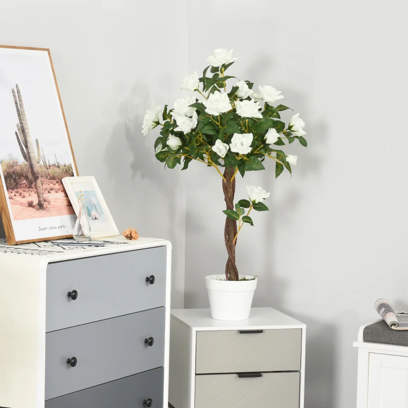 Outsunny 3FT Artificial Plant White Rose Floral in Pot, Fake Plant for Home Indoor Decor