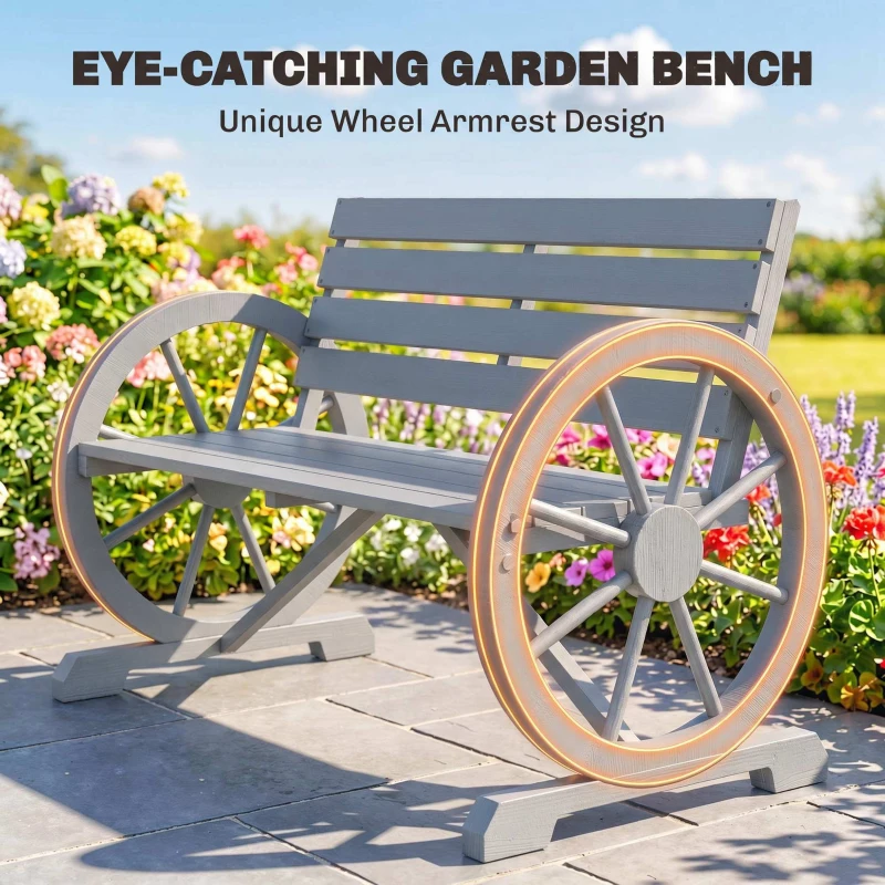 Outsunny 41" Wooden Wagon Wheel Bench, Rustic Outdoor Patio Bench Weather Resistance Furniture, 2-Person Slatted Seat with Backrest, Light Gray