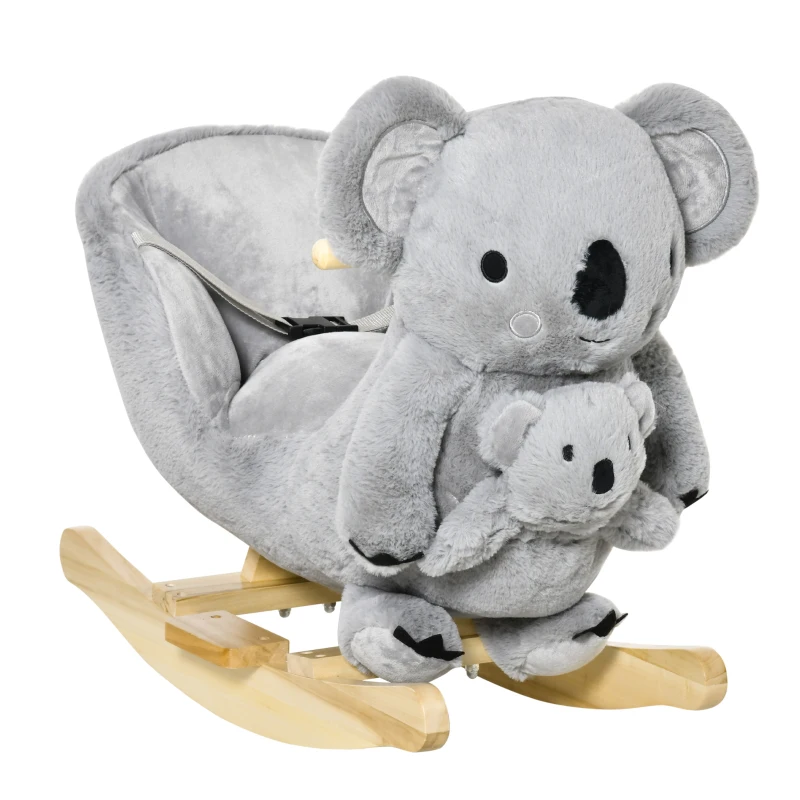 Qaba Baby Rocking Horse Koala Design Plush Stuffed Rocking Chair, Wooden Rocking Horse with Sound, Seat Belt for Boys and Girls Gift, Grey