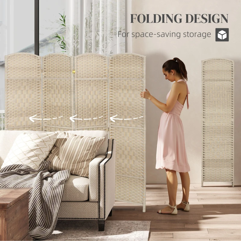 HOMCOM 6 Ft Tall Folding Room Divider, 4 Panel Portable Privacy Screen, Hand-Woven Partition Wall Divider, Light Oak
