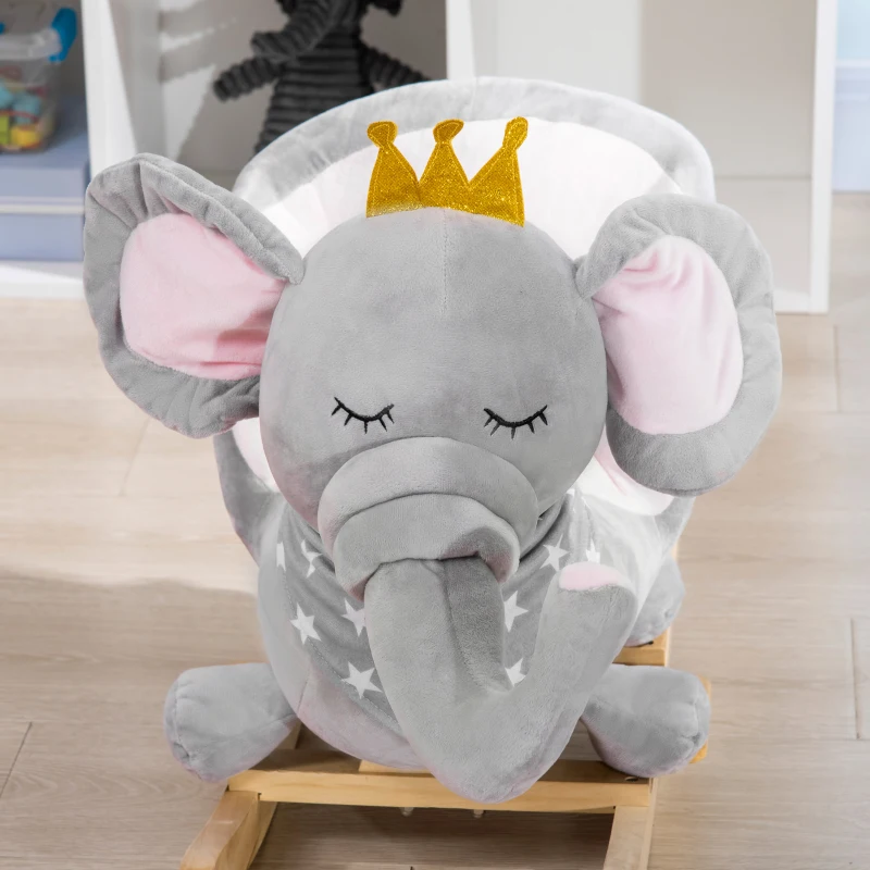 Qaba Baby Rocking Horse Elephant Rocking Chair Toddler Rocker Toy with Sound Wooden Base Seat for 1.5-3 Year Old, Gray