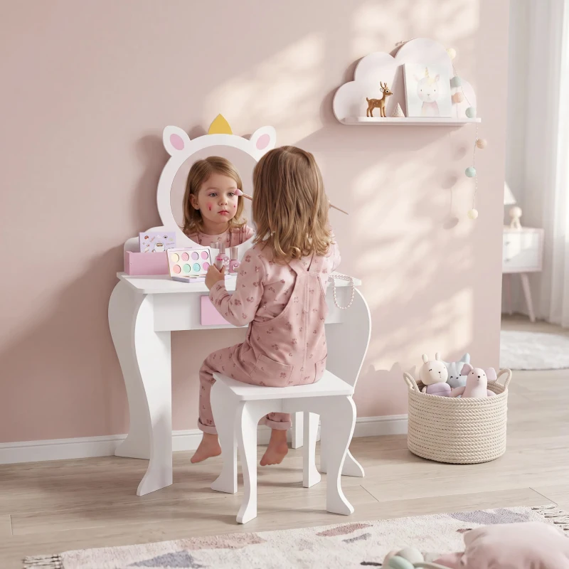 Qaba Kids Makeup Vanity Set with Stool, Mirror, Drawer, Storage Boxes, Unicorn Design, White