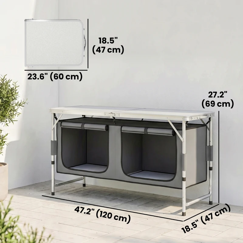 Outsunny Outdoor Aluminum Folding Picnic Table Height Adjustable with Storage Organizer BBQ Camping