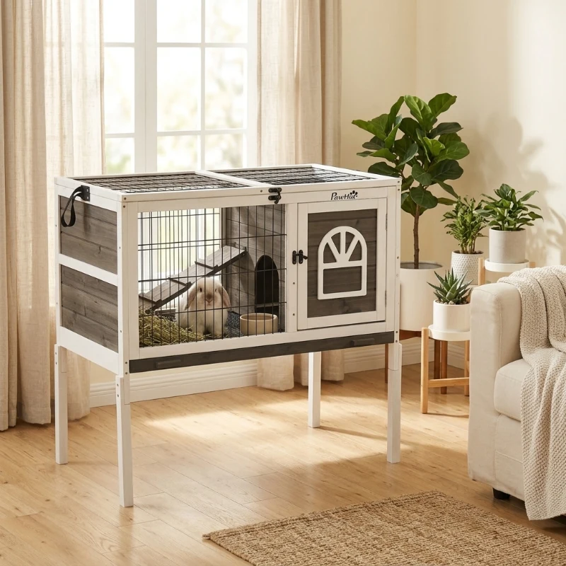 PawHut Wood Rabbit Hutch, Elevated Guinea Pig Cage with Run, Coffee