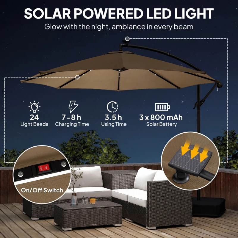 Outsunny 10 ft Cantilever Patio Umbrella with Light, Weight, Offset Hanging Outdoor Umbrella with Protective Cover, Tan