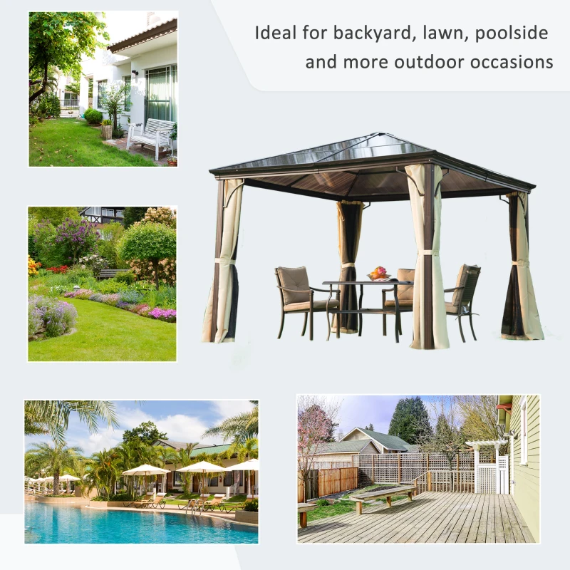 Outsunny 10' x 10' Hardtop Gazebo Canopy with Polycarbonate Roof, Aluminum Frame, Permanent Pavilion Outdoor Gazebo with Netting, for Patio, Garden, Backyard, Deck, Lawn, Black, Beige