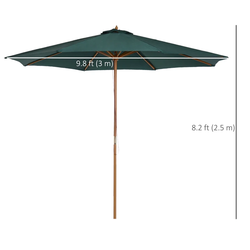 Outsunny 10FT Round Patio Umbrella with Rope Pulley Mechanism, Wooden Market Umbrella, Garden Parasol with 8 Ribs, Dark Green