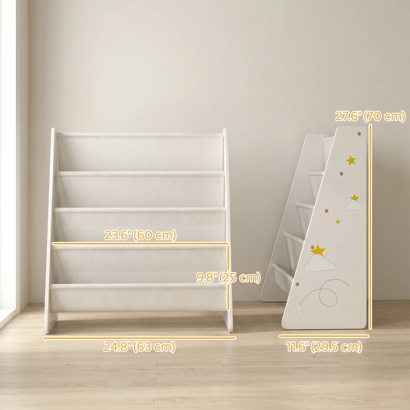 Qaba Fabric Kids Bookshelf, 4-Tier Toddler Sling Book Rack for Playroom, Bedroom, Nursery and Kids Room for Ages 3-6, White
