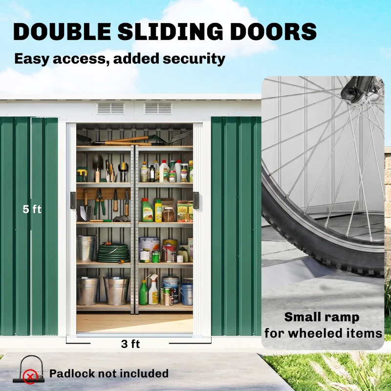 Outsunny 9' x 4' Metal Outdoor Storage Shed, Tool House with Double Lockable Doors for Backyard, Patio, Lawn, Garage, Dark Green