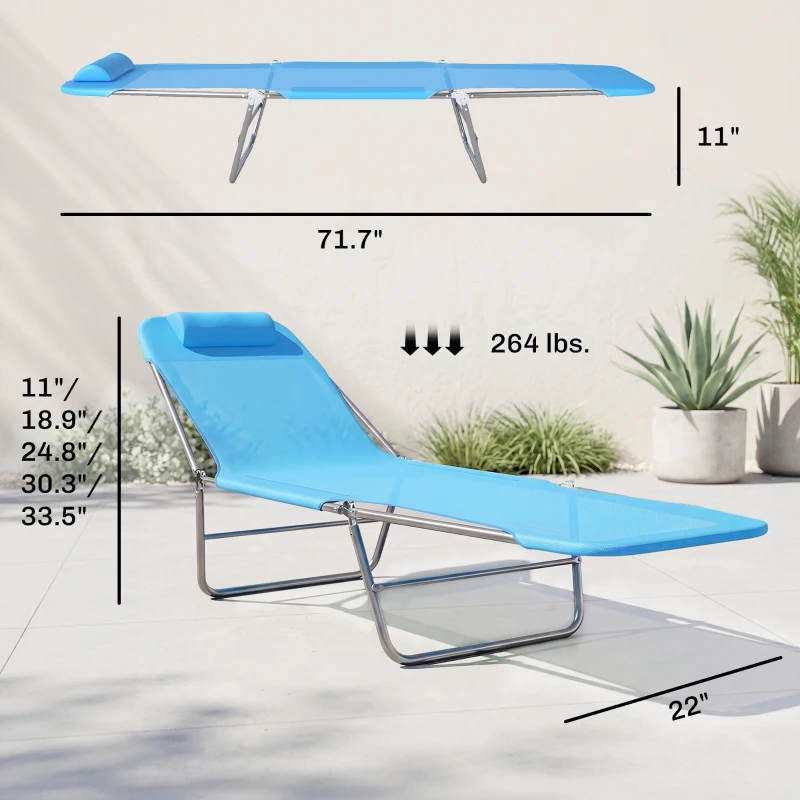 Outsunny Folding Chaise Lounge Pool Chairs, Outdoor Sun Tanning Chairs with Pillow, Reclining Back, Steel Frame & Breathable Mesh for Beach, Yard, Patio, Blue