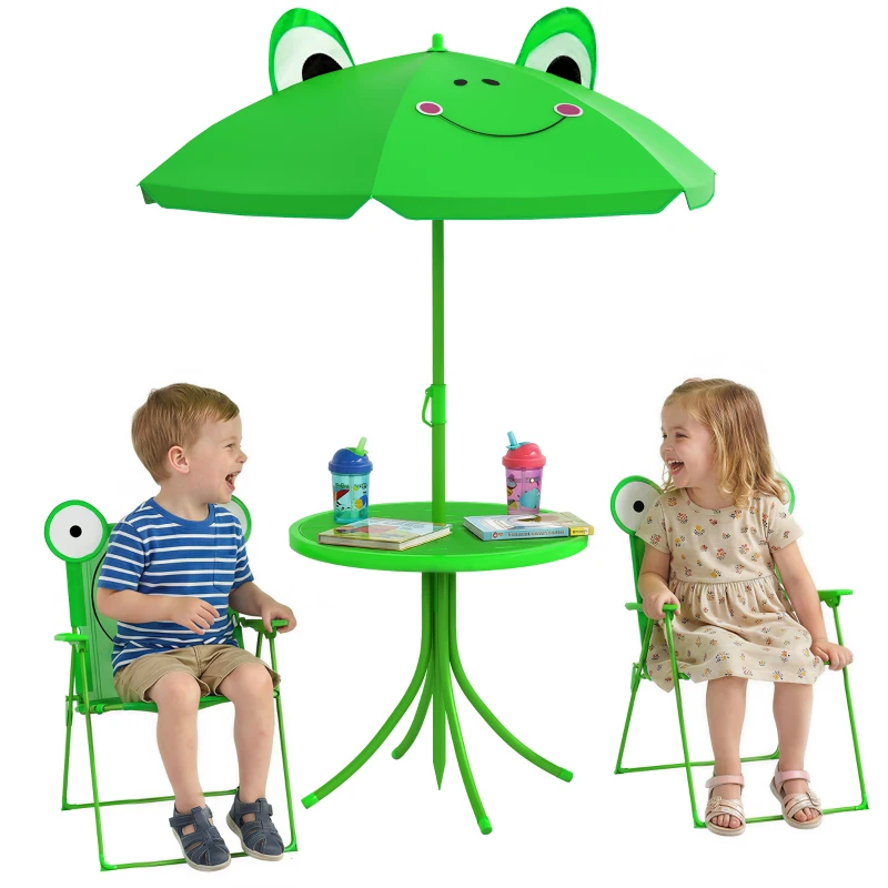 Outsunny Kids Folding Picnic Table and Chair Set Pattern Outdoor Garden Patio Backyard with Removable & Height Adjustable Sun Umbrella Green