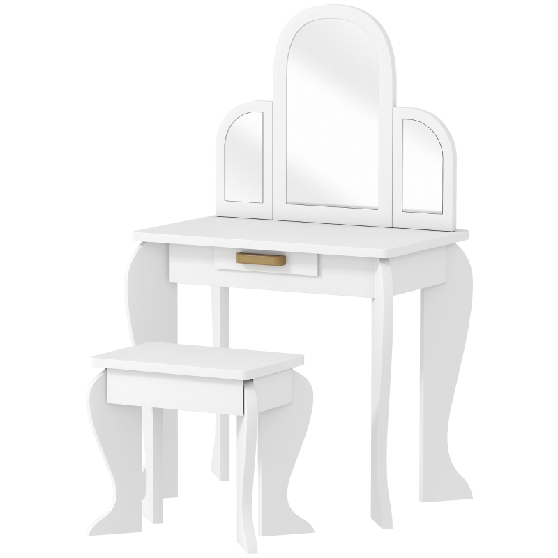 Qaba Kids Dressing Table and Chair Set, Girls Dressing Set, Makeup Desk with Drawer for 3-6 Years Old Kids, White