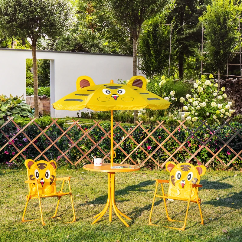 Outsunny Kids Folding Picnic Table and Chair Set Pattern Outdoor Garden Patio Backyard with Removable & Height Adjustable Sun Umbrella Yellow