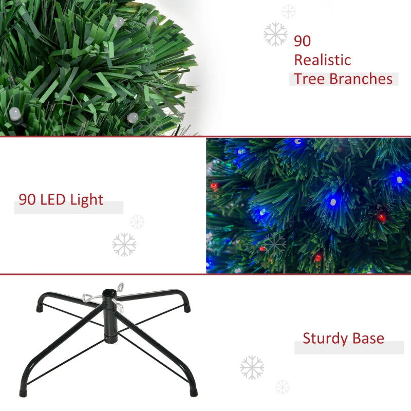 HOMCOM 3ft Tall Douglas Fir Pre-Lit Artificial Christmas Tree with Realistic Branches, 90 Multi-Color LED Lights, Fiber Optics and 90 Tips