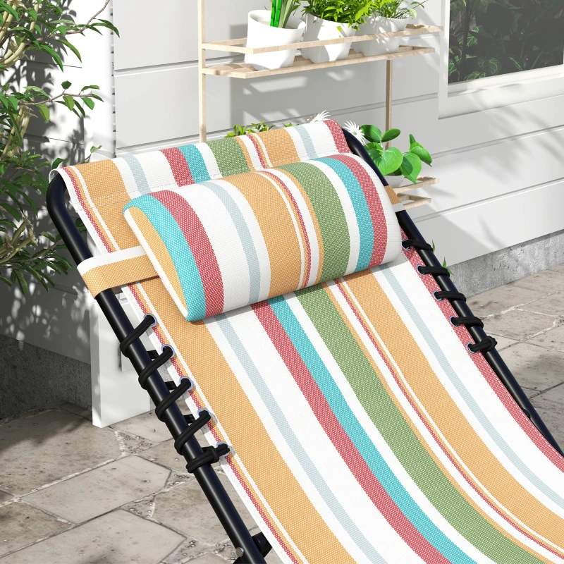 Outsunny 2 Folding Chaise Lounge Pool Chairs with 4-Position Reclining Back, Pillow, Breathable Mesh & Bungee Seat, Striped
