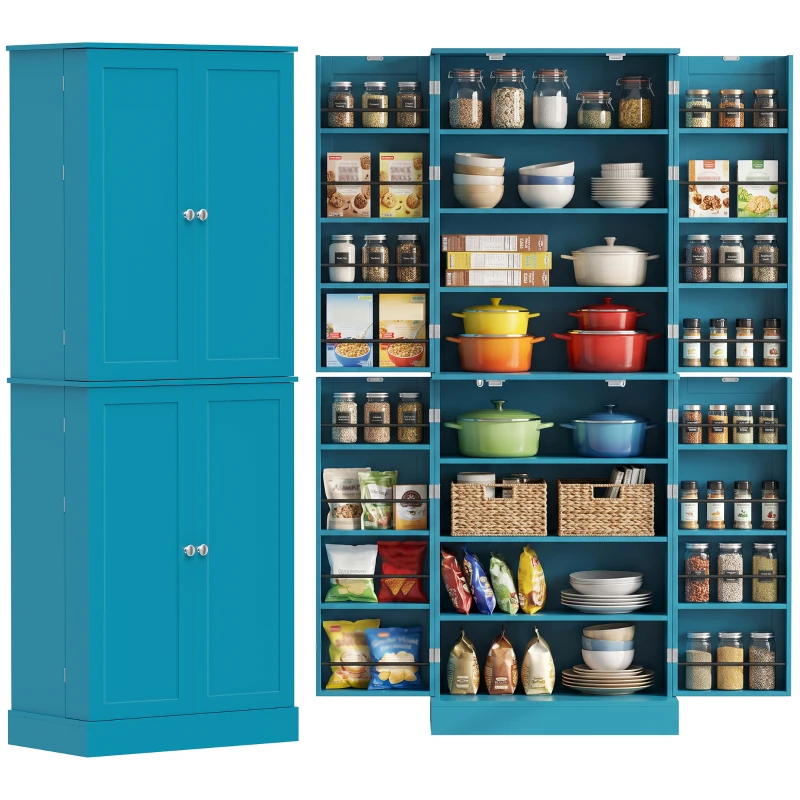 HOMCOM 65" Kitchen Cabinet, Kitchen Pantry Cabinet with 4 Doors and 16 Door Shelves for Dining Room, Blue