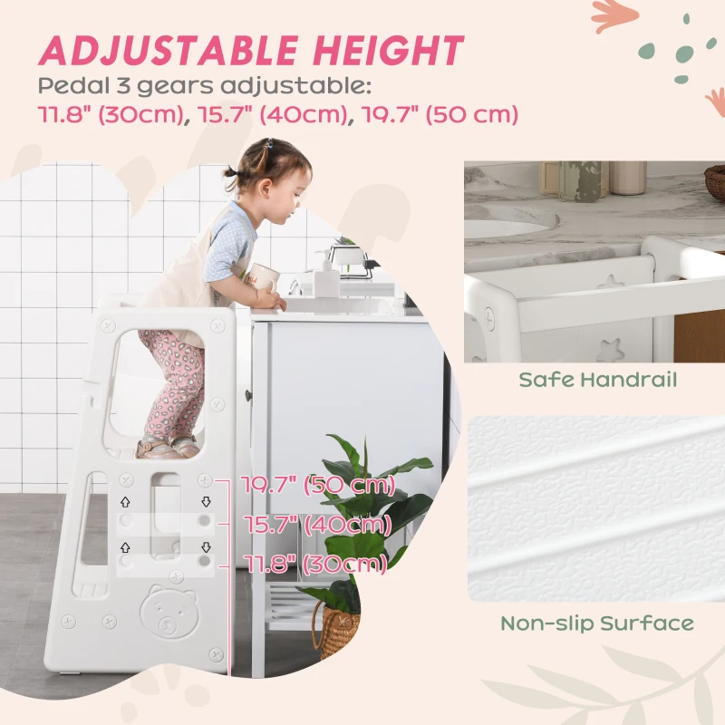 Qaba Toddler Kitchen Helper 2 Step Stool with Adjustable Height Platform and Safety Rail, White