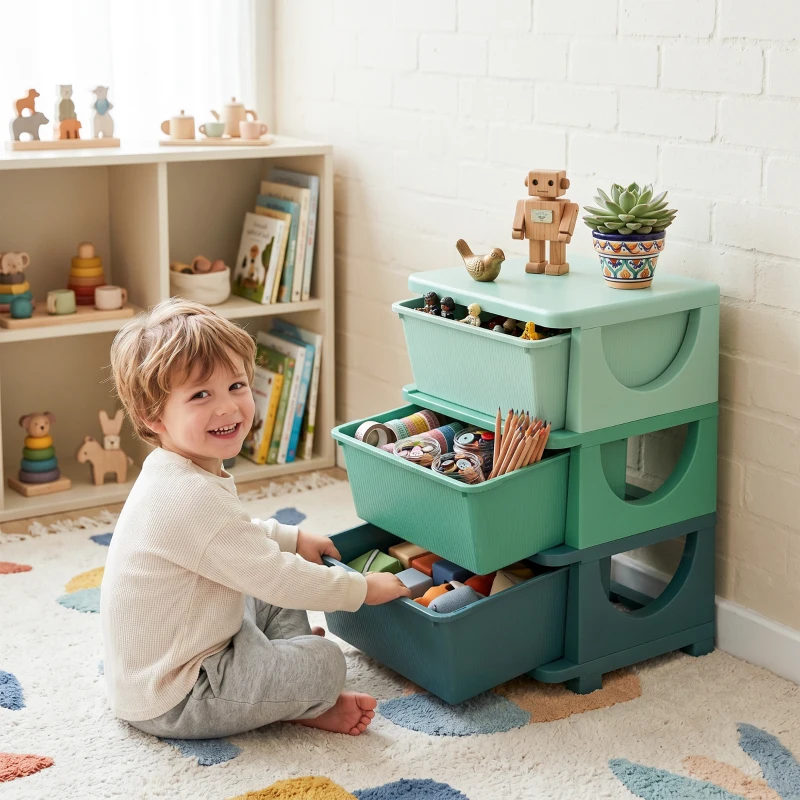 Qaba 3 Tier Kids Storage Unit, Toy Organizers and Storage with 3 Drawer for Bedroom Nursery Living Room for Boys Girls Green
