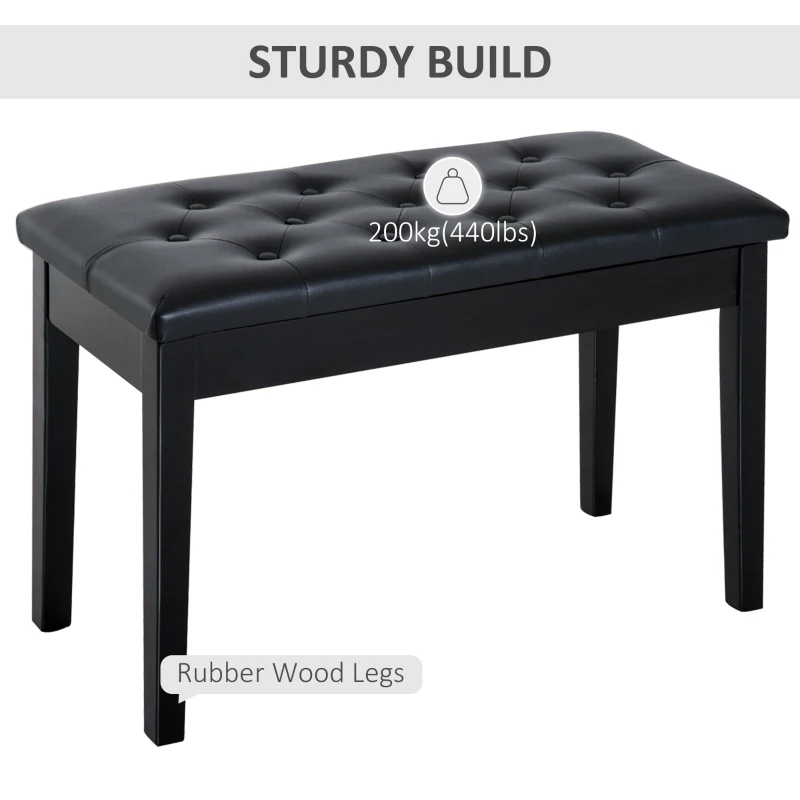 HOMCOM Piano Bench, Duet Piano Chair with Faux Leather Padded Cushion and Wooden Frame, Button Tufted Keyboard Bench, Black