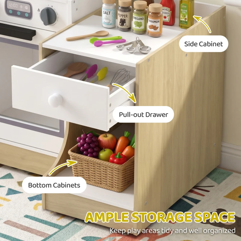 Qaba Kids Kitchen Playset, 2-in-1 Convertible Table and Chair Set with Sink, Oven, Microwave, Accessories for 3-8