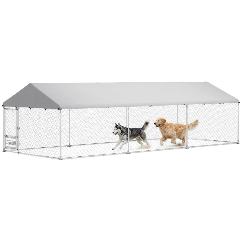 PawHut Outdoor Dog Kennel with Adjustable & Rotatable Bowl Rack, Waterproof Cover, Secure Lock, 19.7' x 7.5' x 5.2'
