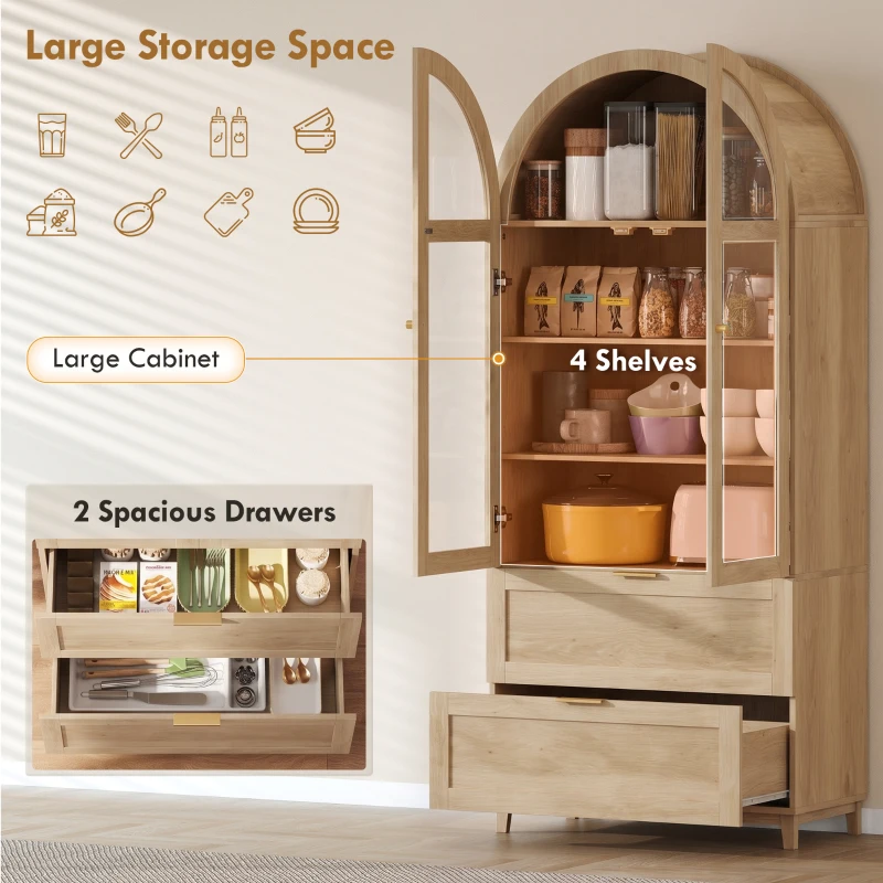 HOMCOM Arched Kitchen Pantry Cabinet, 71" Tall Farmhouse Kitchen Storage Cabinet with 2 Drawers, Acrylic Glass Doors, Oak