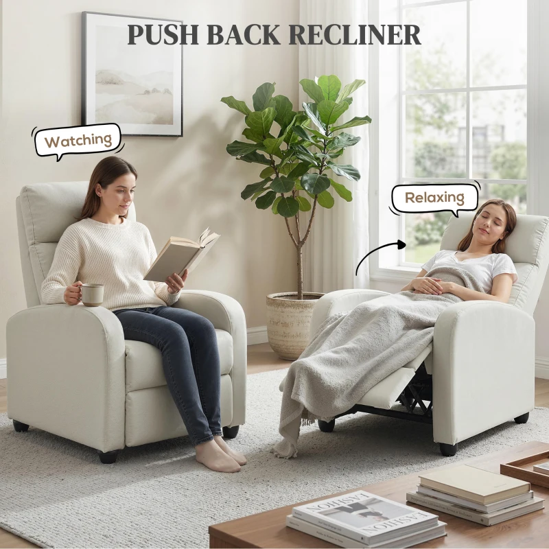HOMCOM Fabric Recliner Chair Manual Home Theater Seating Single Reclining Sofa Chair with Padded Seat, Cream White