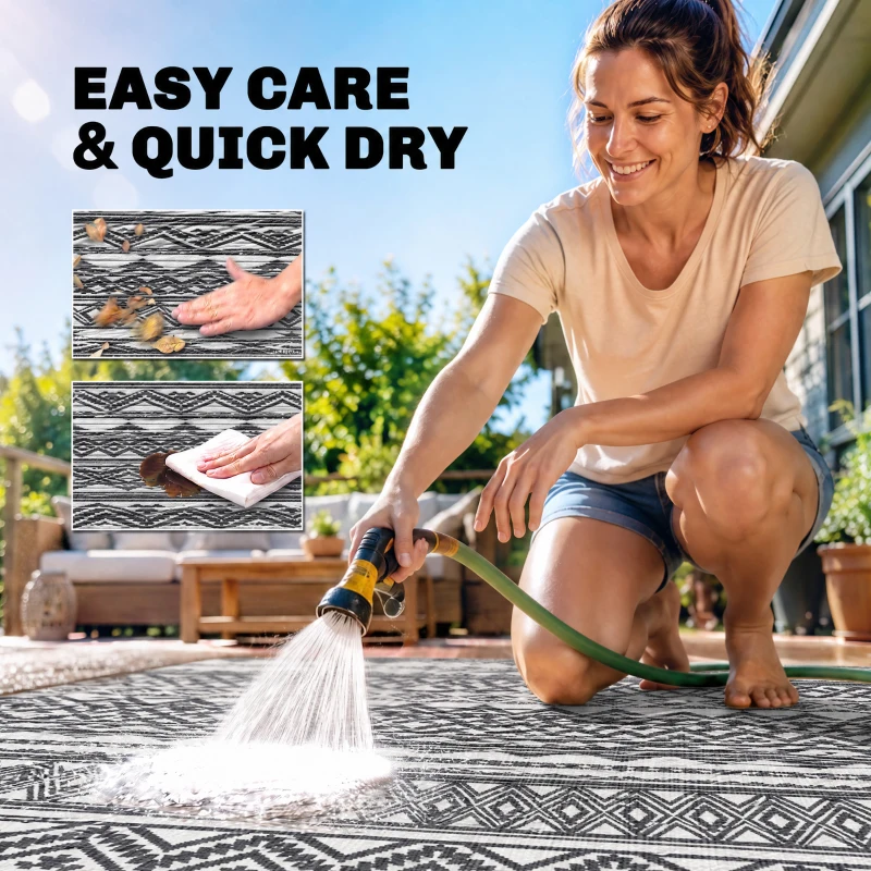 Outsunny Reversible Outdoor Rug Carpet RV Camping Rugs with Carry Bag, 8' x 10', Gray & Cream White Boho