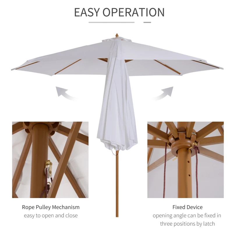 Outsunny 10' x 8' Bamboo Wooden Round Market Patio Sun Umbrella, Garden Parasol, Outdoor Sunshade Canopy, White