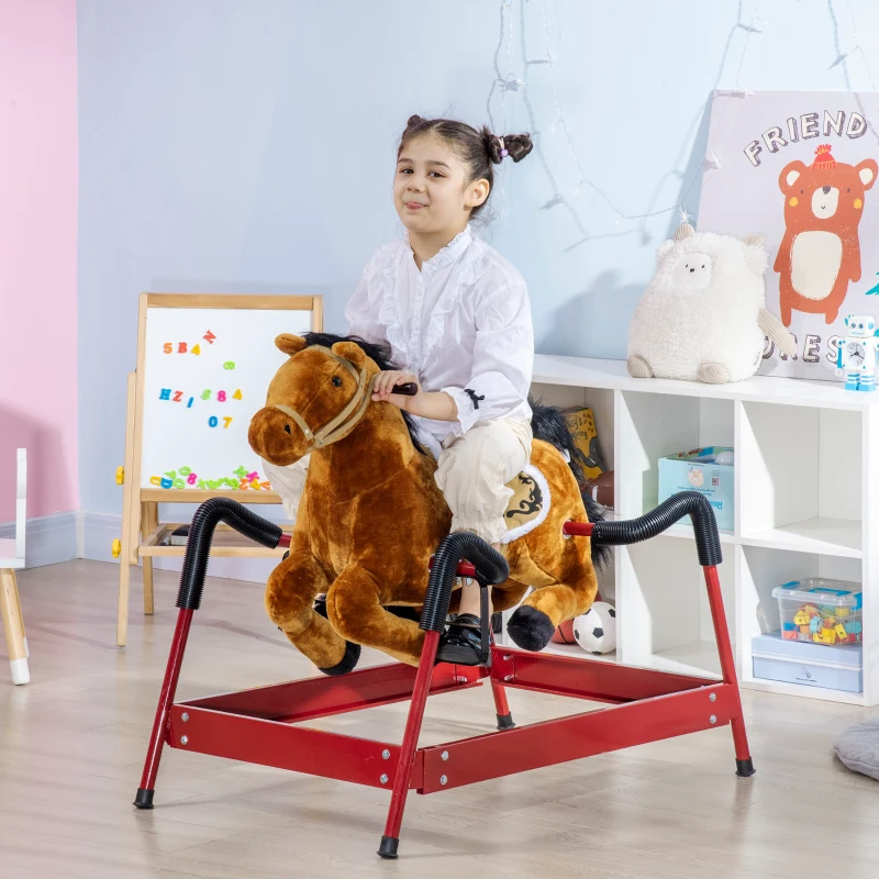 Qaba Kids Spring Rocking Horse, Ride on Horse for Girls and Boys with Sounds, Plush Animal Ride-on Toy with Soft Feel, Interactive Toy for Kids, Light Brown