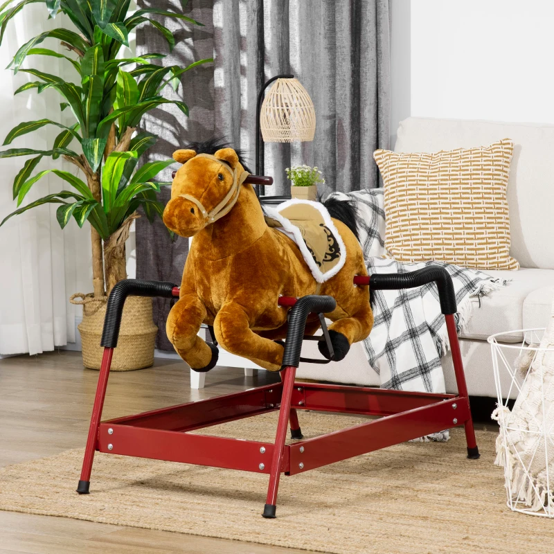 Qaba Kids Spring Rocking Horse, Ride on Horse for Girls and Boys with Sounds, Plush Animal Ride-on Toy with Soft Feel, Interactive Toy for Kids, Light Brown