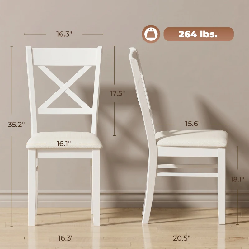 HOMCOM Dining Chairs Set of 2, Upholstered Kitchen Chairs with Rubberwood Frame, Padded Seat and X-Back, White